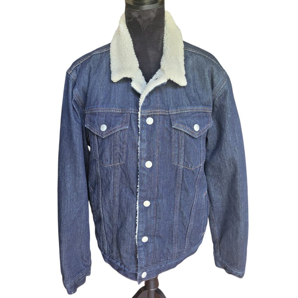 GAP 1969 Sherpa Lined Denim Trucker Jacket Men's L Blue Denim Jean Coat